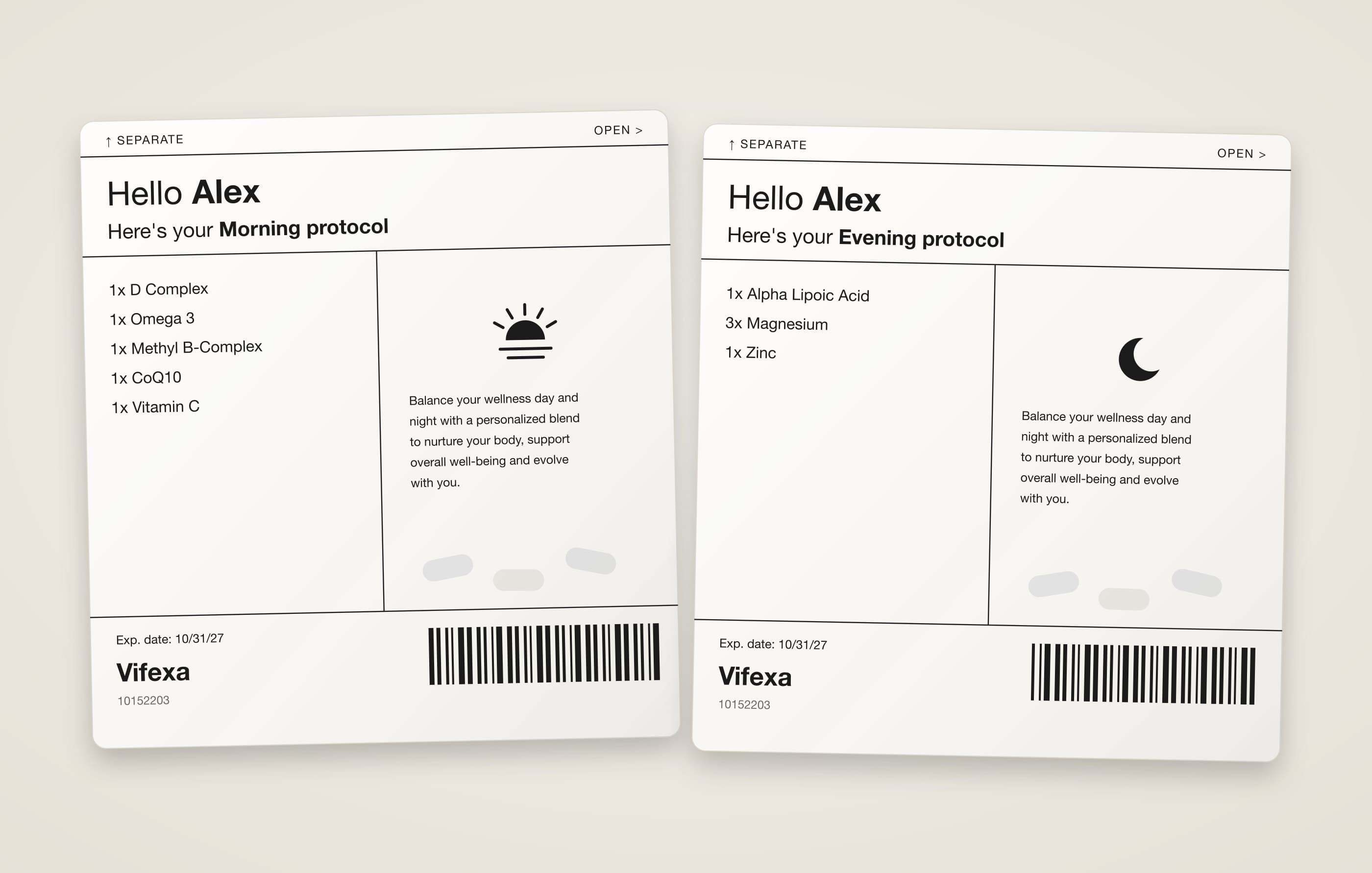 Two Vifexa daily supplement packets printed with the customer's first name, the day's contents and a morning or evening symbol